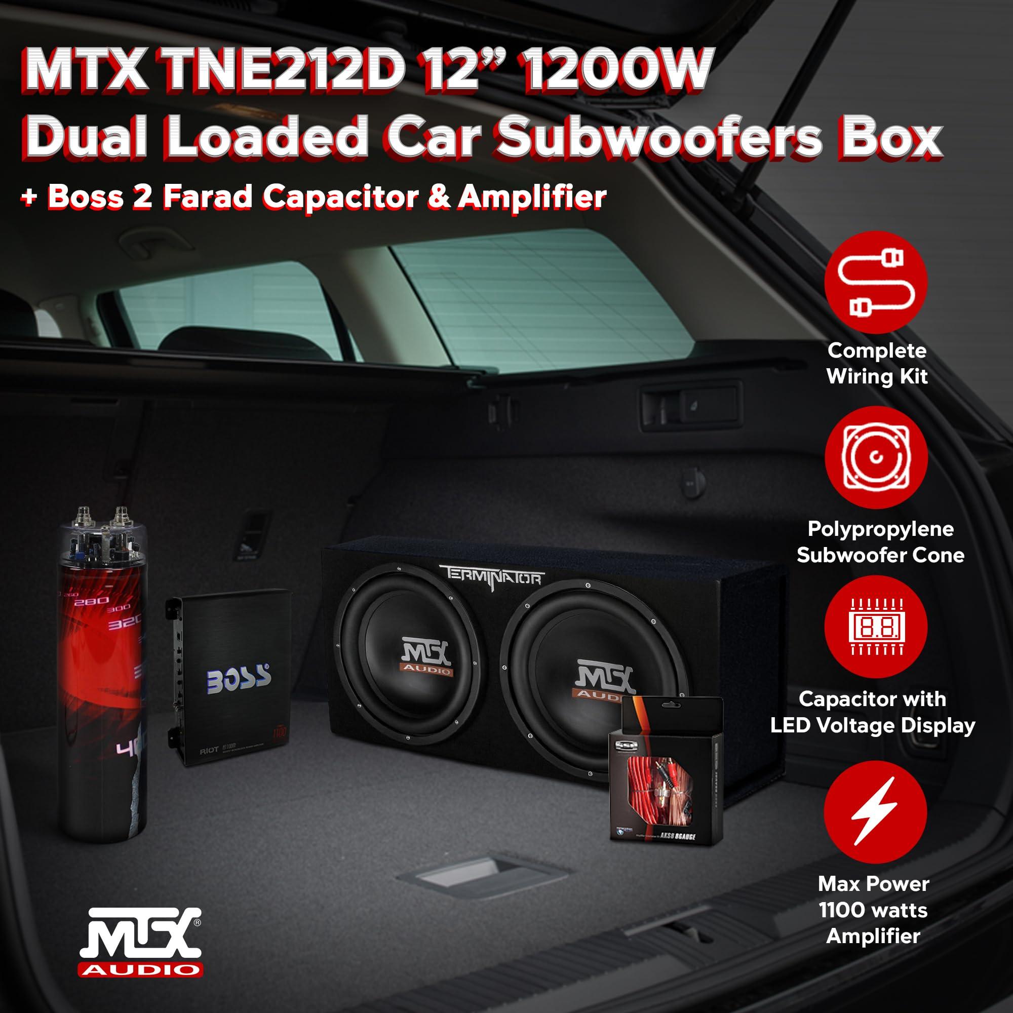 MTX MTX 12 Inch 1200 Watt 4 Ohm Dual Loaded Car Audio Subwoofer Package with Sub Enclosure, Boss 1100W Mono A/B Amplifier, Wiring Kit and Capacitor