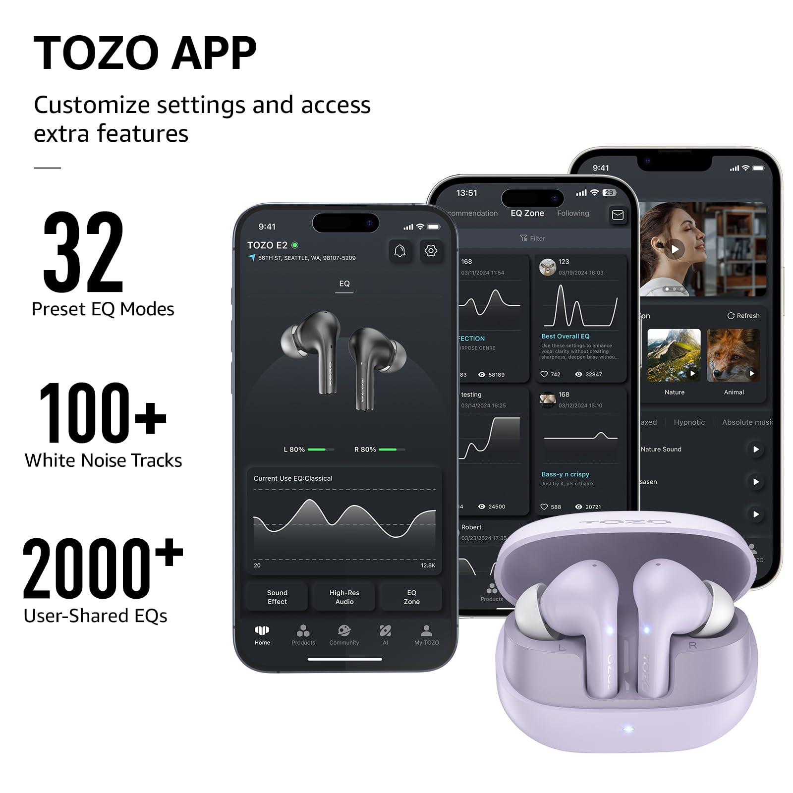 TOZO TOZO E2 Wireless Earbuds with 2 Mics AI Call Noise Cancellation, 10mm Drivers with Powerful Bass, App Customize 32 EQs, 30H Playtime, Bluetooth 5.3 Ear Buds, Comfort Fit in-Ear Headphones