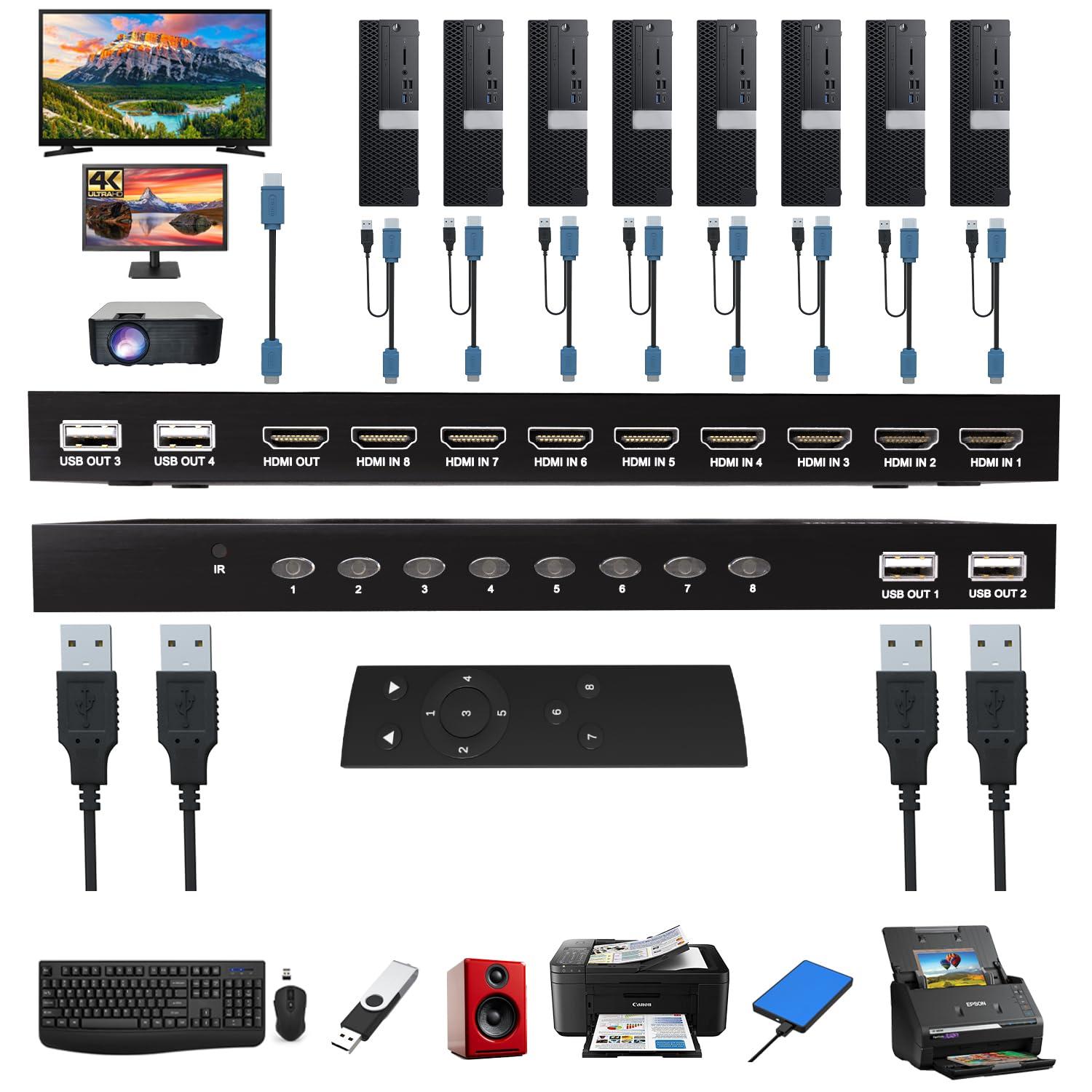KAGO KVM Switch HDMI 8 Port - HDMI Switch with Remote- USB Switch Selector for 8 Computers Share Keyboard Mouse Printer,Flash Drive,HD Monitor, Support 4K@30Hz, 8 KVM Cables 1 Remote Included